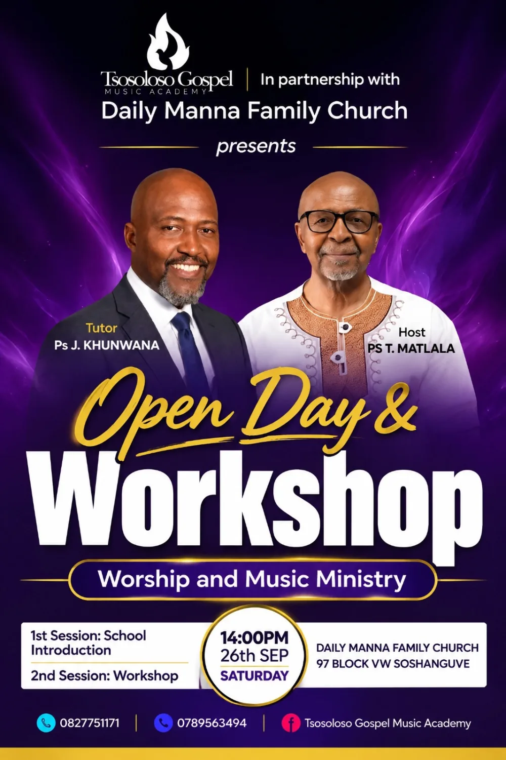 Open Day and Workshop poster — Worship and Music Ministry, Saturday 26 September 2026 at 14:00, Daily Manna Family Church Soshanguve, with Ps. J. Khunwana (Tutor) and Ps. T. Matlala (Host)